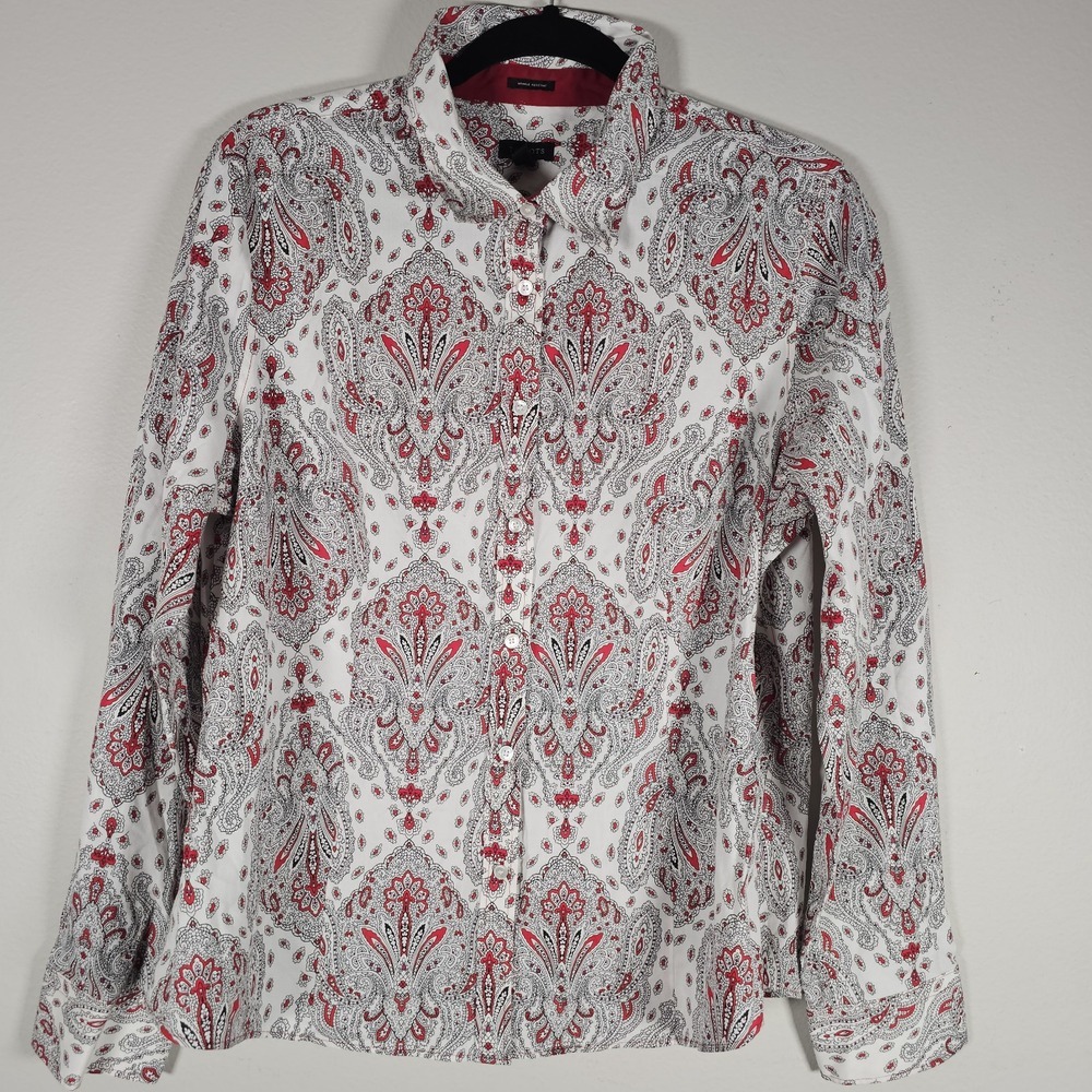 Talbots Shirt Womens 16 White Red Paisley Floral Button Up Long Sleeve Stretch